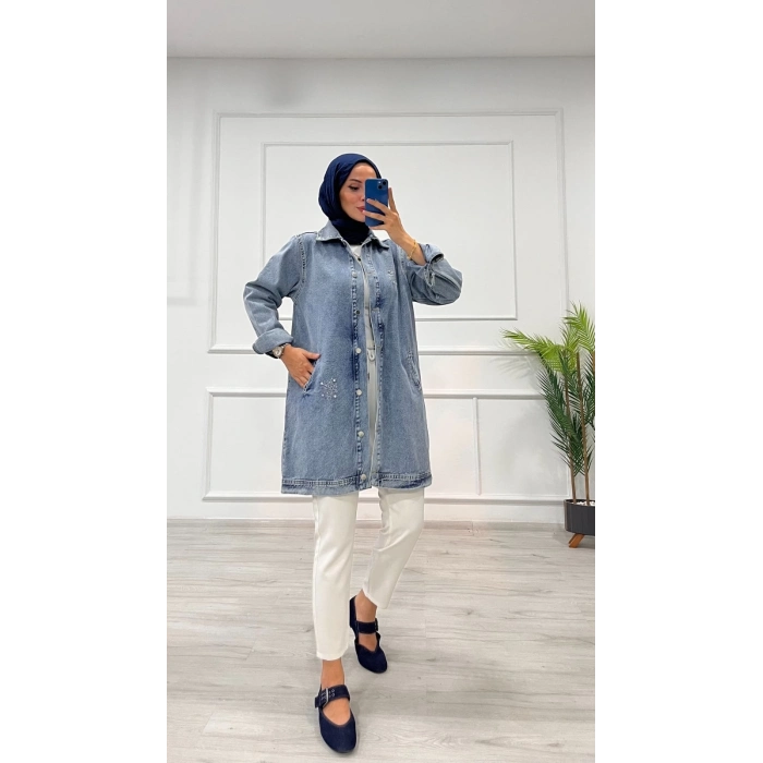 Taşlı tunik ceket kar yıkama orta mavi d2516