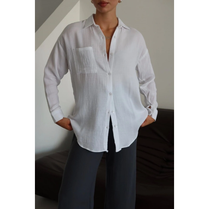 Tek cepli müslin gömlek beyaz pt