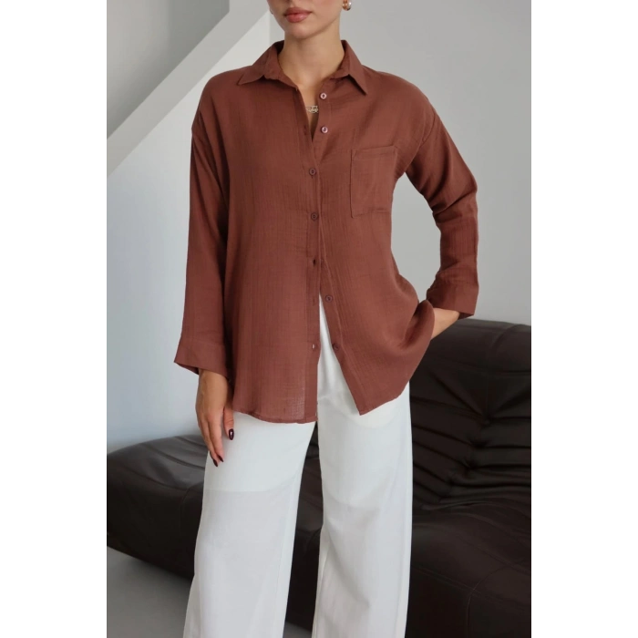Tek cepli müslin gömlek kahve pt
