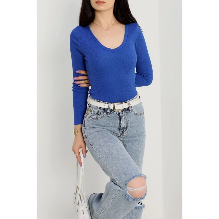 V yaka kaşkorse bluz saks mavisi a3699