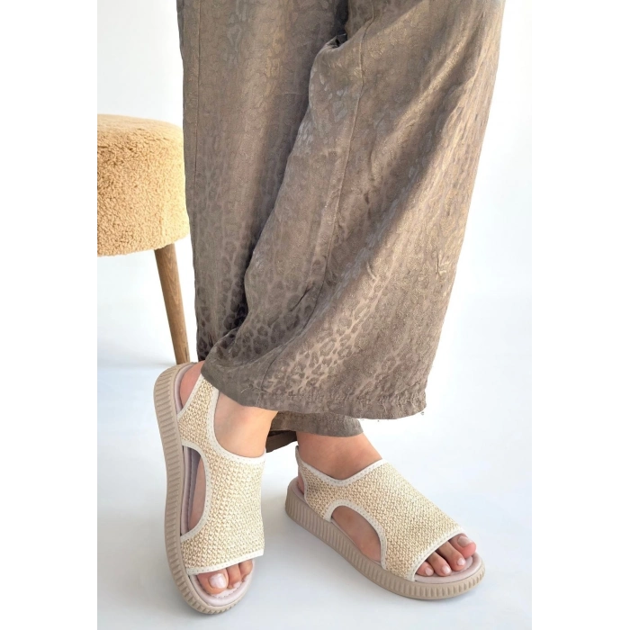 Wayi Bej Hasır Cilt Sandalet