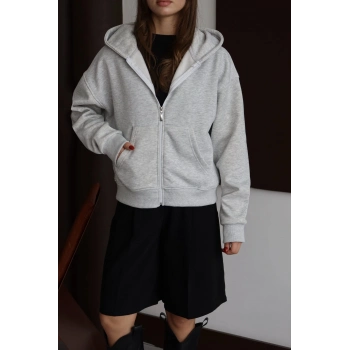 3 iplik şardonlu kapşonlu hoodie frm gri p510437