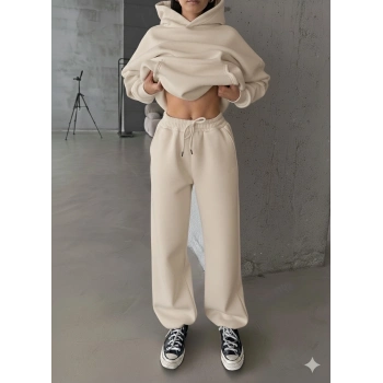 3 iplik şardonlu Lastik paça eşofman bej p510439