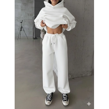 3 iplik şardonlu Lastik paça eşofman beyaz p510439