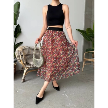 Baskılı astarlı uzun etek