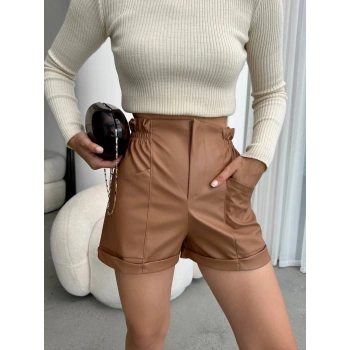 Beli lastikli deri şort kahve H24605