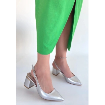 Buant Gümüş Cilt Topuklu Ayakkabı