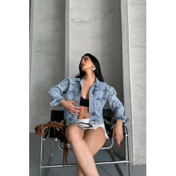 Çift cepli kol katlamalı kar yıkama crop kot ceket mavi d2000