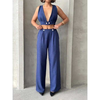 Crop pantolon keten takım s255012