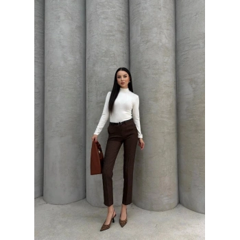 Dar paça kemerli kumaş pantolon kahve pt53