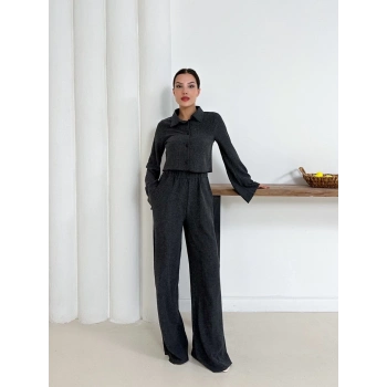 Gömlek yaka kaplama düğmeli takım antrasit st265866