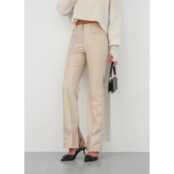 İspanyol yırtmaçlı paça deri pantolon bej hn