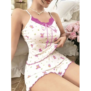 Kadın Ayıcık ve Çiçek Desenli Şortlu Gecelik Takım 5113