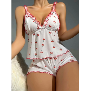 Kadın Kiraz Desenli Fırfırlı Şortlu Gecelik Takım 5101