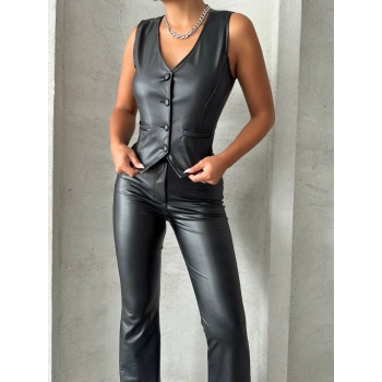 Kaplama düğmeli deri yelek siyah s24398