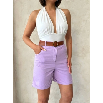 Kemerli gabardin şort lila s25735