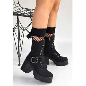 Linma Siyah Nubuk Bağcıklı Topuklu Bot