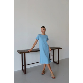 Modal yırtmaçlı elbise mavi pt