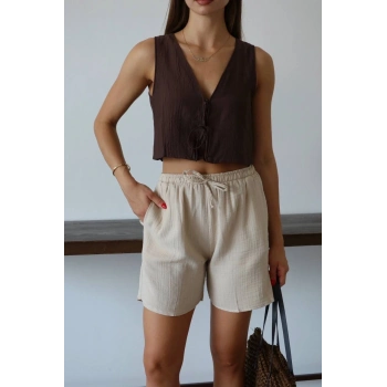 Müslin kumaş şort bağcıklı bej pt