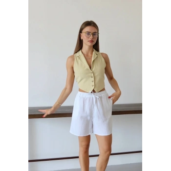 Müslin kumaş şort bağcıklı beyaz pt