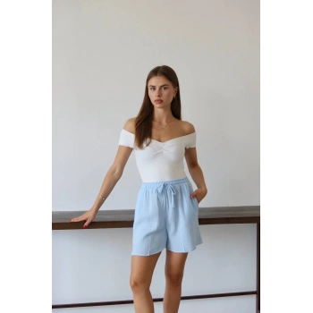 Müslin kumaş şort bağcıklı mavi pt