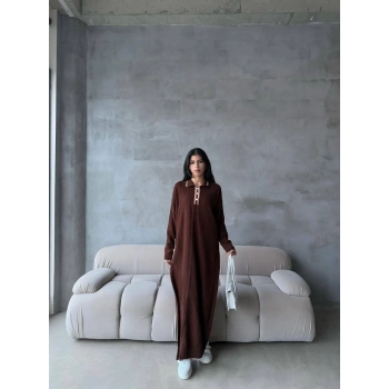 Pantolon yırtmaçlı elbise ikili triko takım kahve elf