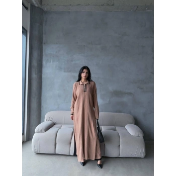 Pantolon yırtmaçlı elbise ikili triko takım vizon elf