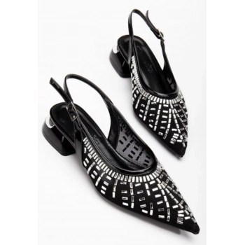 Piyar Siyah Taşlı Topuklu Ayakkabı