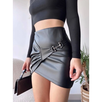 Tokalı deri etek siyah s240097