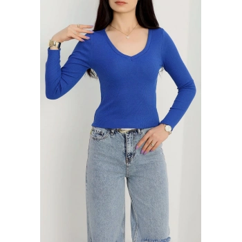 V yaka kaşkorse bluz saks mavisi a3699