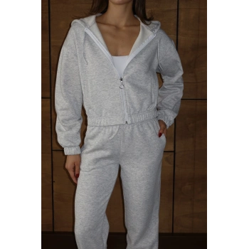 3 iplik şardonlu Kapşonlu fermuarlı kısa üst gri pat8590