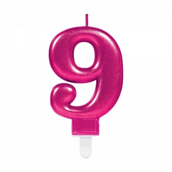 9 Rakam Fuşya Işıltılı Mum 7 cm