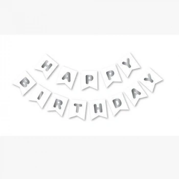 Beyaz Gümüş Happy Yaldızlı Banner