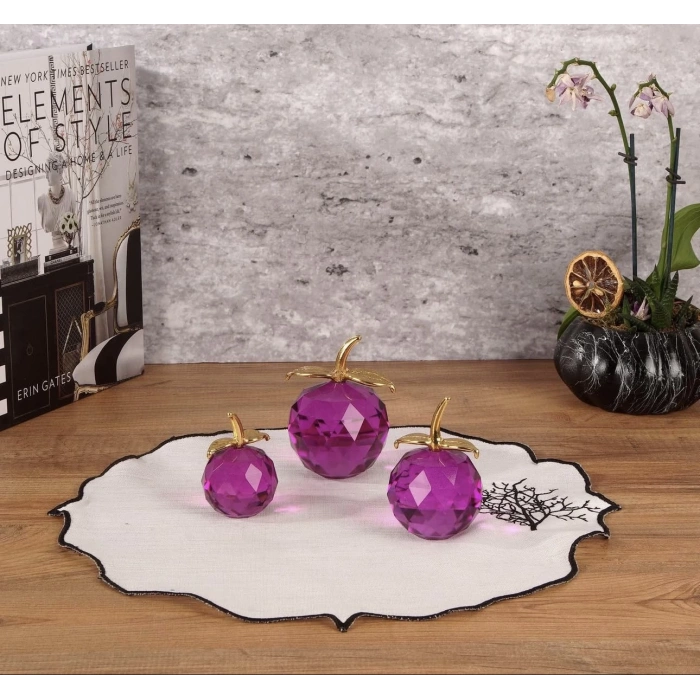 KRİSTAL CAM ELMA DEKOR SETİ - 3 LÜ GOLD SAPLI 20X15