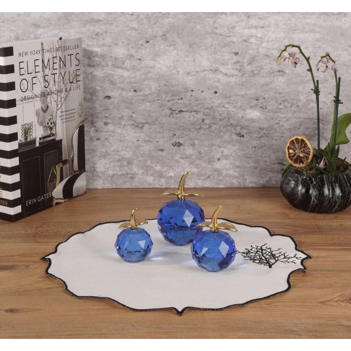 KRİSTAL CAM ELMA DEKOR SETİ - 3 LÜ GOLD SAPLI 20X15