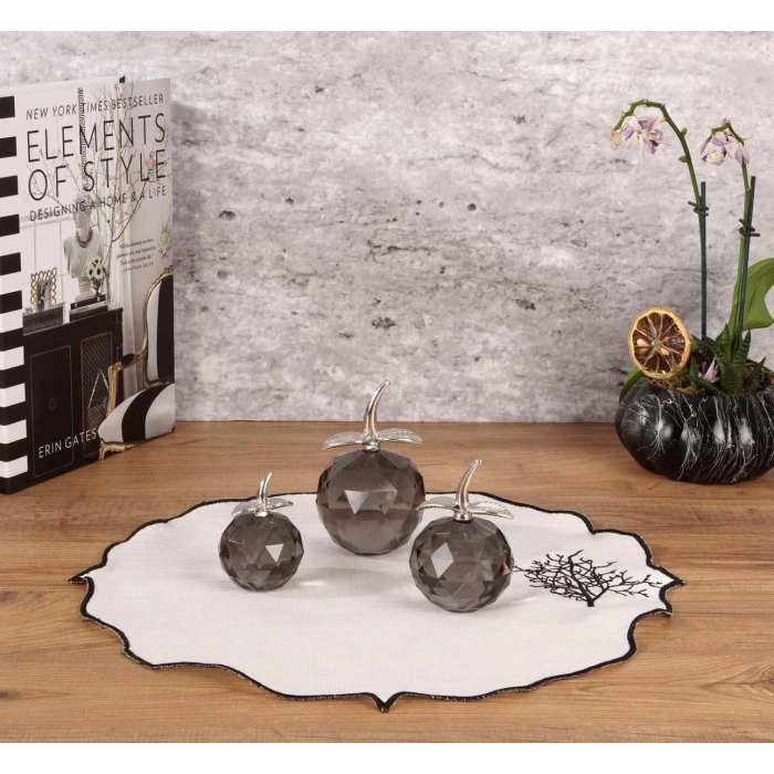 KRİSTAL CAM ELMA DEKOR SETİ - 3 LÜ GOLD SAPLI 20X15