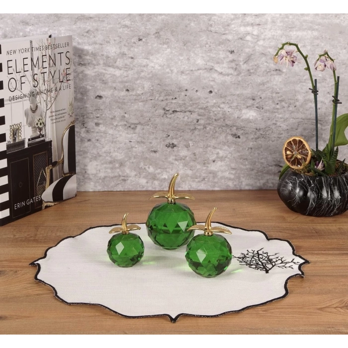 KRİSTAL CAM ELMA DEKOR SETİ - 3 LÜ GOLD SAPLI 20X15