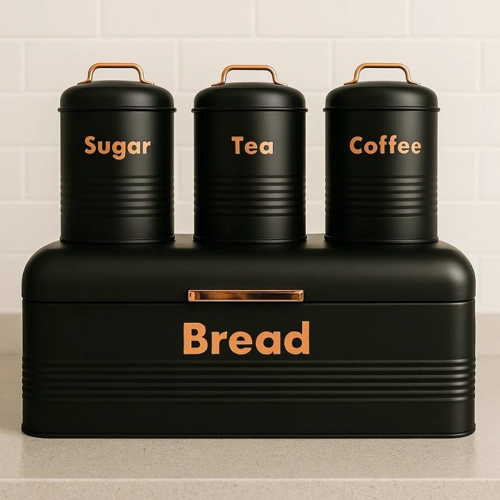 4 LÜ MUTFAK SETİ EKMEKLİKÇAY KAHVE ŞEKERLİK SİYAH 43x20