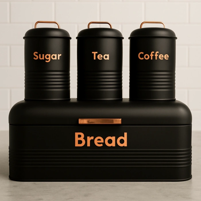 4 LÜ MUTFAK SETİ EKMEKLİKÇAY KAHVE ŞEKERLİK SİYAH 43x20