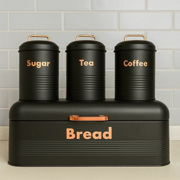 4 LÜ MUTFAK SETİ EKMEKLİKÇAY KAHVE ŞEKERLİK SİYAH 43x20