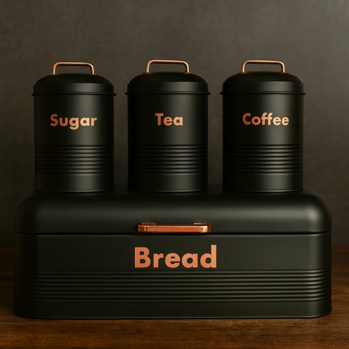 4 LÜ MUTFAK SETİ EKMEKLİKÇAY KAHVE ŞEKERLİK SİYAH 43x20