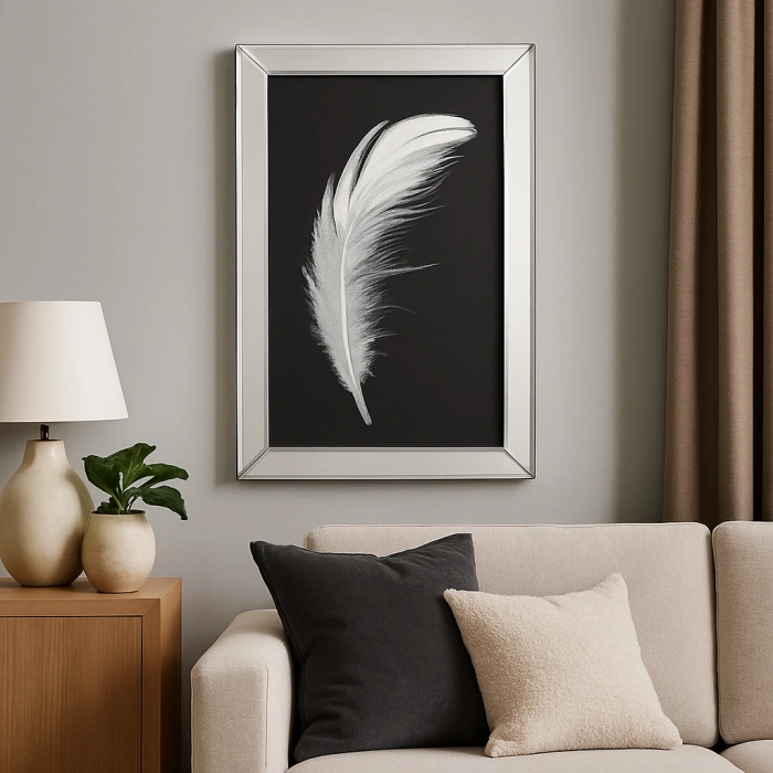 AYNA ÇERÇEVELİ BEYAZ TÜY DESENLİ DUVAR TABLOSU