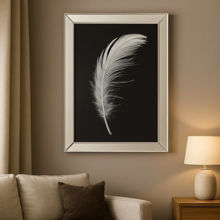 AYNA ÇERÇEVELİ BEYAZ TÜY DESENLİ DUVAR TABLOSU