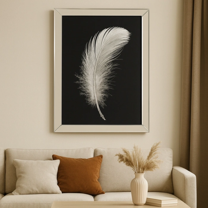 AYNA ÇERÇEVELİ BEYAZ TÜY DESENLİ DUVAR TABLOSU