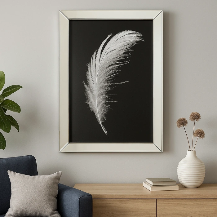 AYNA ÇERÇEVELİ BEYAZ TÜY DESENLİ DUVAR TABLOSU