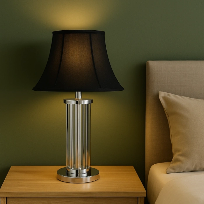 SİYAH ŞAPKALI KROM-CAM KOLON ABAJUR (YATAK ODASI)