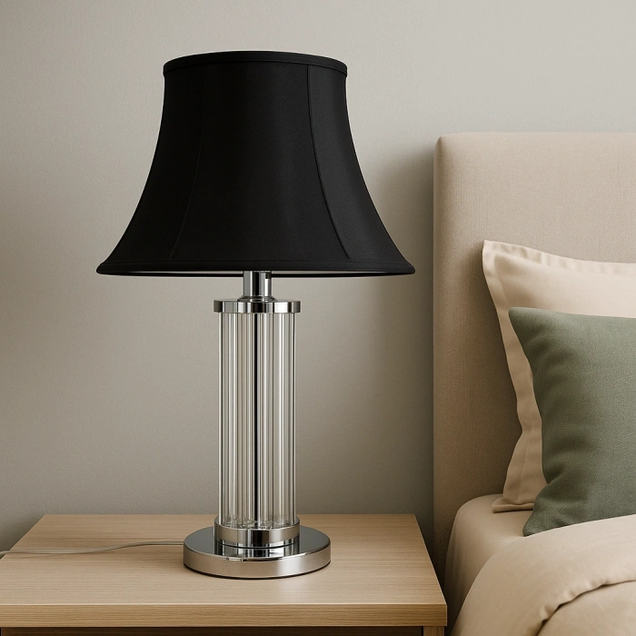 SİYAH ŞAPKALI KROM-CAM KOLON ABAJUR (YATAK ODASI)