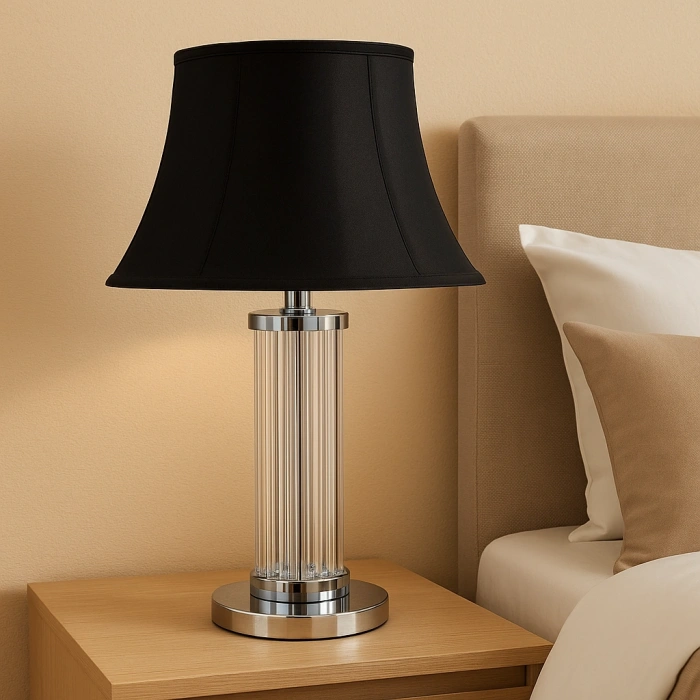 SİYAH ŞAPKALI KROM-CAM KOLON ABAJUR (YATAK ODASI)