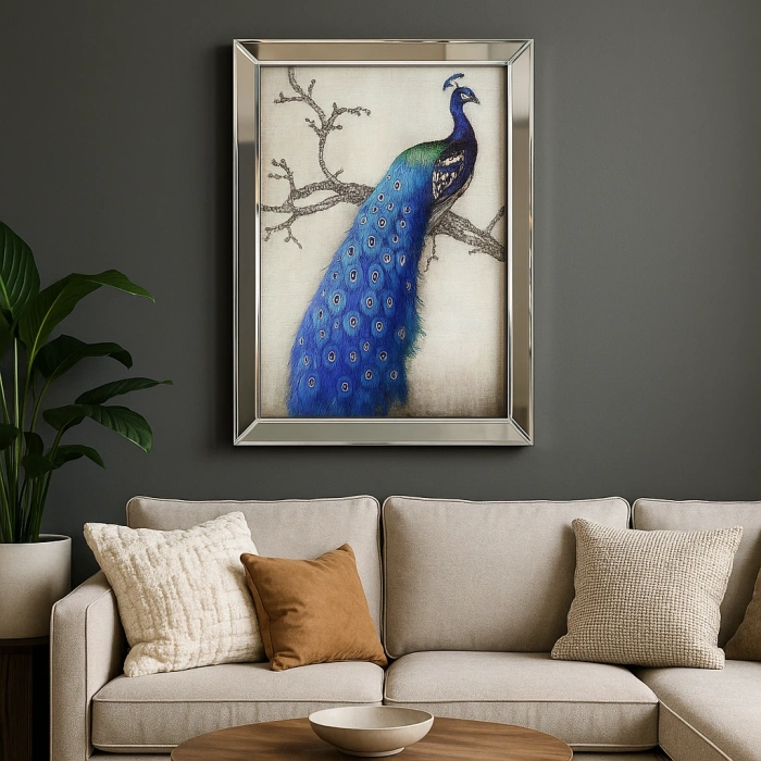 AYNA ÇERÇEVELİ MAVİ TAVUSKUŞU DUVAR TABLOSU