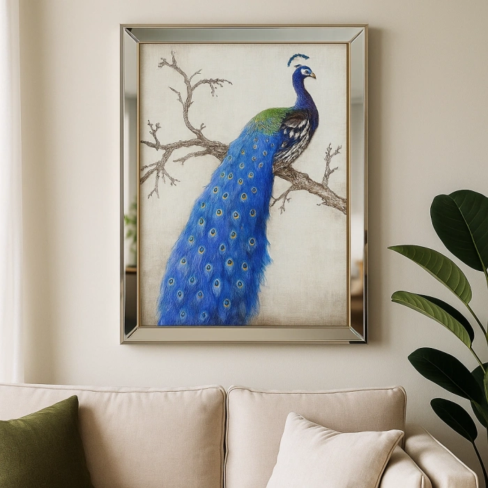 AYNA ÇERÇEVELİ MAVİ TAVUSKUŞU DUVAR TABLOSU